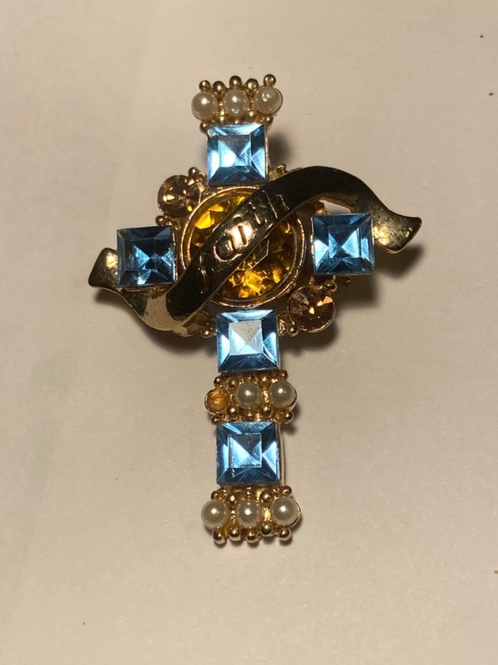 Vintage FAITH HJ Gold-Tone Cross Country Brooch with Blue Stones and Pearls